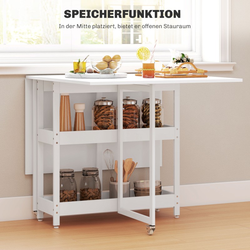 Taitettava ruokapöytä avohyllyillä ja pyörillä, 4 hengelle, metalli/lastulevy, valkoinen