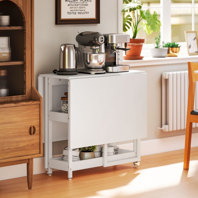 Taitettava ruokapöytä avohyllyillä ja pyörillä, 4 hengelle, metalli/lastulevy, valkoinen