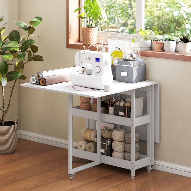 Taitettava ruokapöytä avohyllyillä ja pyörillä, 4 hengelle, metalli/lastulevy, valkoinen