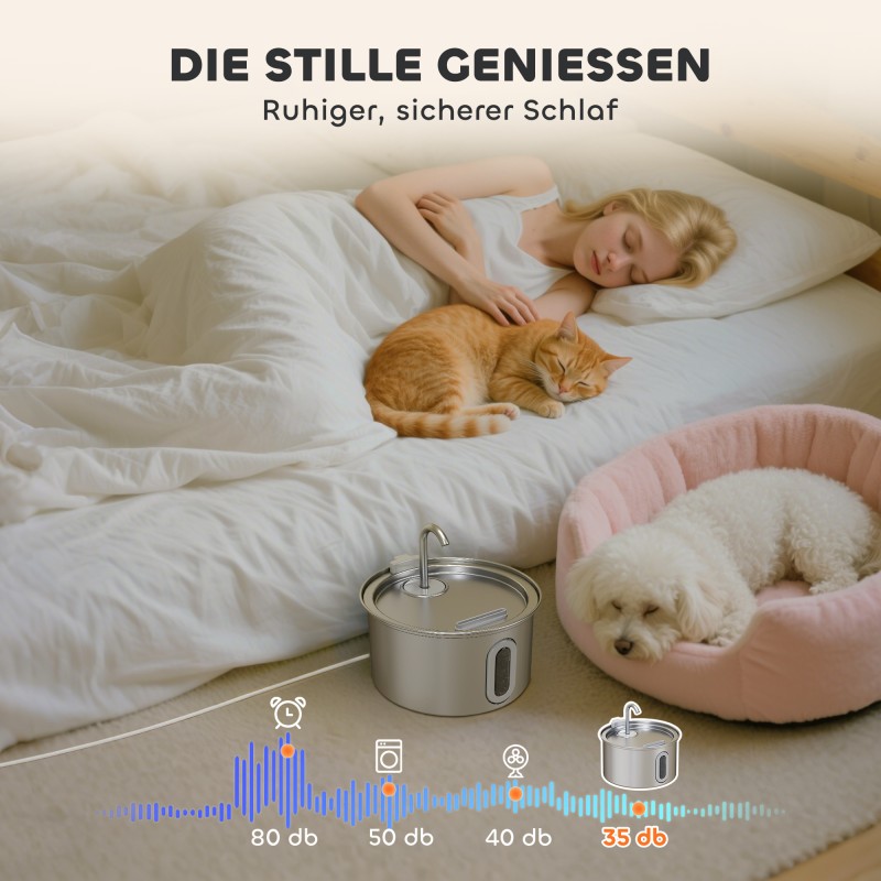 Kissan juoma-automaatti ruostumatonta terästä 2,5 L, hiljainen pumppu, LED, aktiivihiilisuodatin, hopea