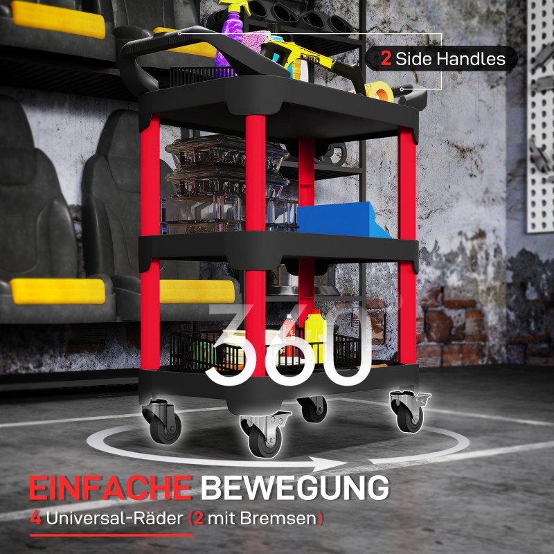 Työkalukärry 3 tasoa muovi 81 x 43 x 96 cm musta/punainen