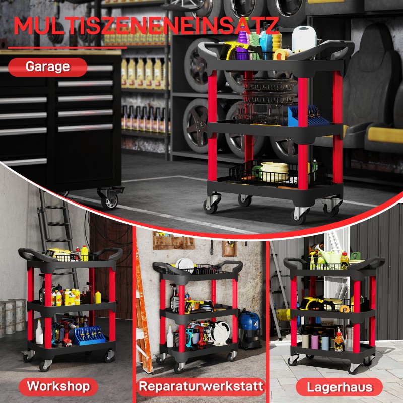 Työkalukärry 3 tasoa muovi 81 x 43 x 96 cm musta/punainen