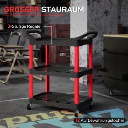 Työkalukärry 3 tasoa muovi 83 x 43 x 97 cm musta/punainen, sivukahvat ja pyörät