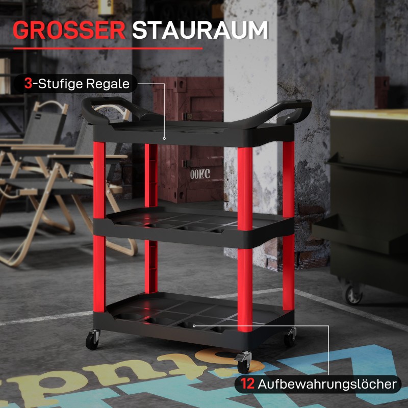 Työkalukärry 3 tasoa muovi 83 x 43 x 97 cm musta/punainen, sivukahvat ja pyörät