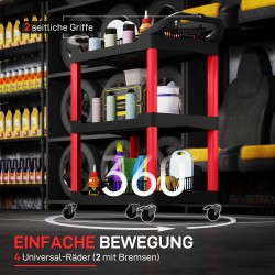 Työkalukärry 3 tasoa muovi 83 x 43 x 97 cm musta/punainen, sivukahvat ja pyörät