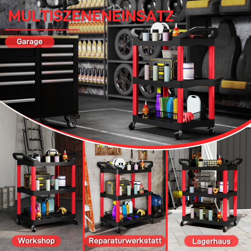 Työkalukärry 3 tasoa muovi 83 x 43 x 97 cm musta/punainen, sivukahvat ja pyörät