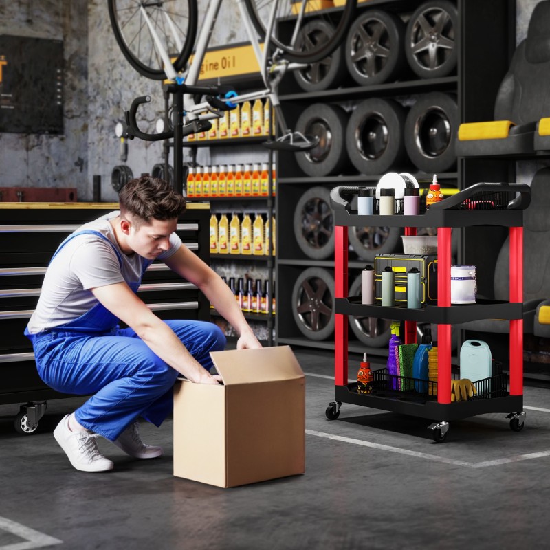 Työkalukärry 3 tasoa muovi 83 x 43 x 97 cm musta/punainen, sivukahvat ja pyörät