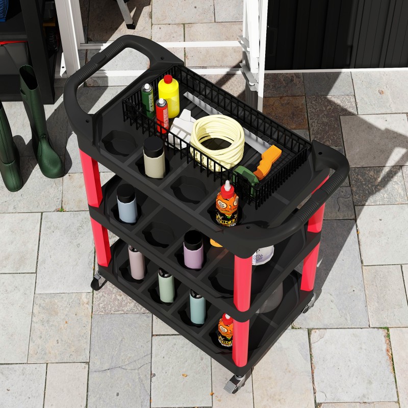 Työkalukärry 3 tasoa muovi 83 x 43 x 97 cm musta/punainen, sivukahvat ja pyörät