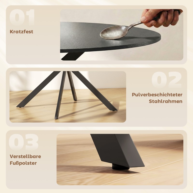 Pyöreä ruokapöytä 4 hengelle, Ø120 cm, teollinen tyyli, lastulevy ja mustat teräsjalat