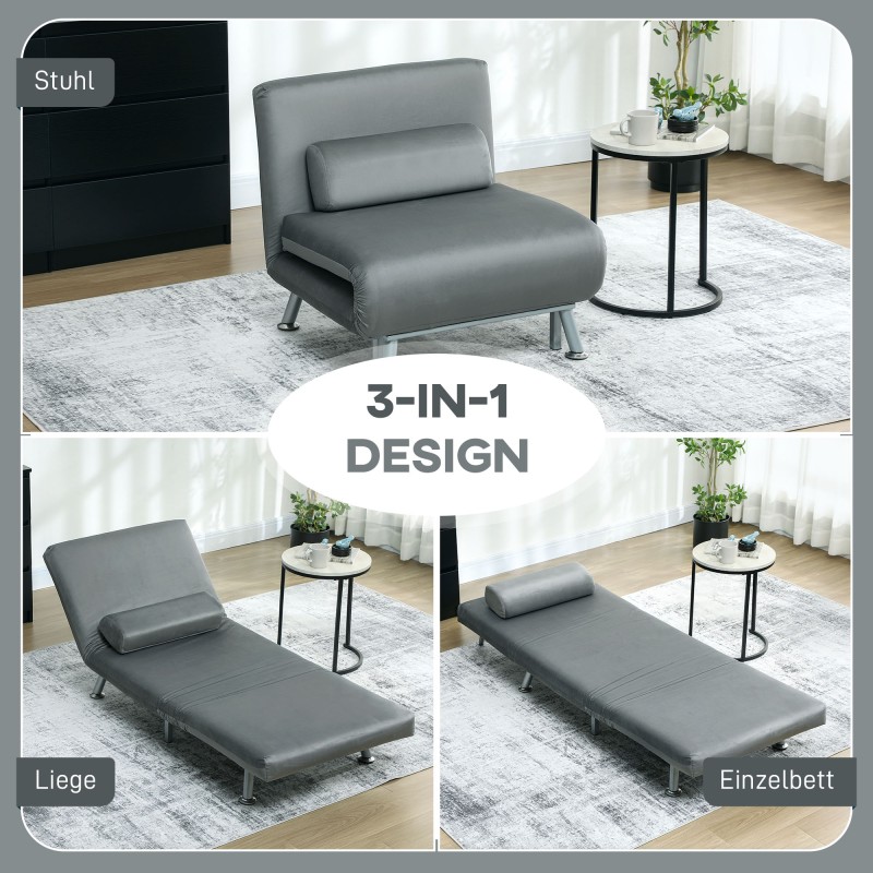 Taitettava nojatuoli vuode-toiminnolla, samettimainen kangas, 75 x 70 x 75 cm, harmaa