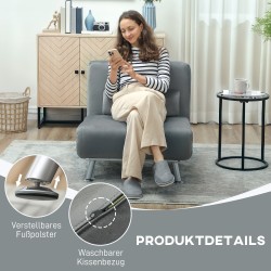 Taitettava nojatuoli vuode-toiminnolla, samettimainen kangas, 75 x 70 x 75 cm, harmaa