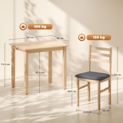 Ruokailuryhmä pieniin tiloihin, 3-osainen, puu ja MDF, pöytä + 2 tuolia, luonnonpuu/harmaa