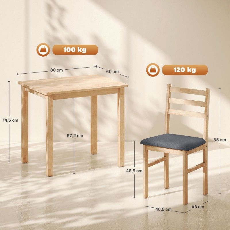 Ruokailuryhmä pieniin tiloihin, 3-osainen, puu ja MDF, pöytä + 2 tuolia, luonnonpuu/harmaa