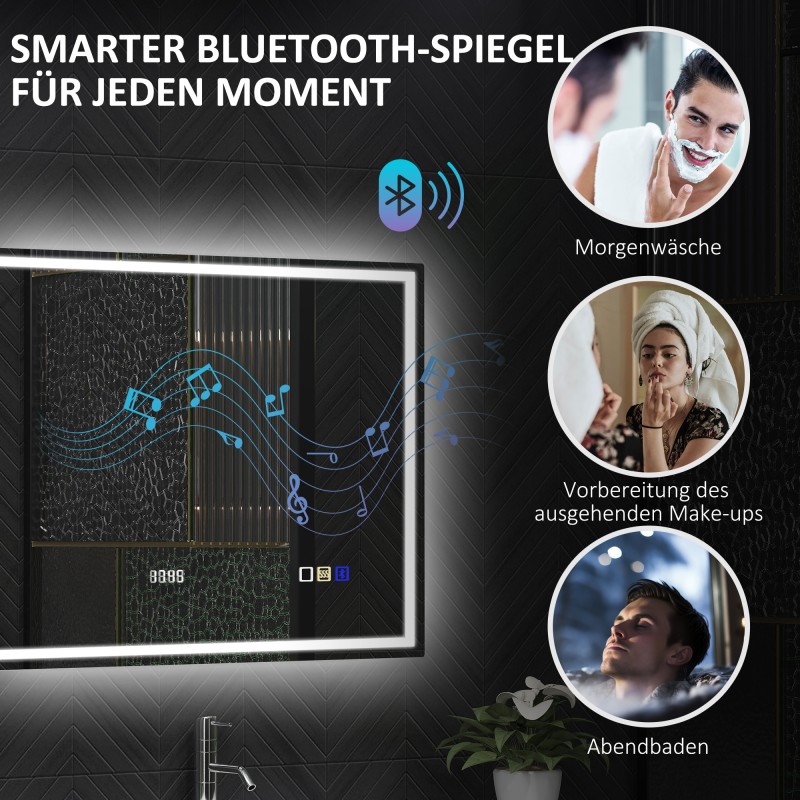 Kylpyhuoneen peili LED-valaistuksella, huurteenesto, Bluetooth-kaiutin, kello, 60 x 80 cm, hopea
