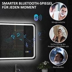 LED-kylpyhuoneen peili Bluetoothilla, huurteenestolla ja säädettävällä valolla 70 x 50 cm hopea
