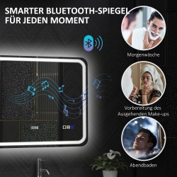 LED-kylpyhuonepeili huurteenestolla, säädettävä valo, kello, Bluetooth, 70 x 90 cm, hopea