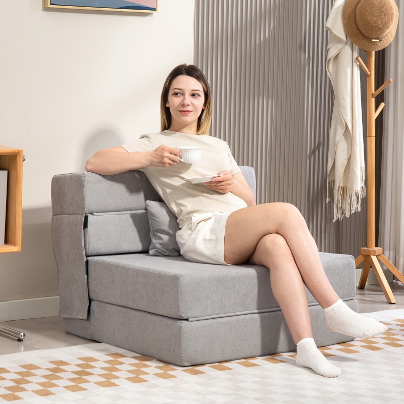 Taitettava lattiasohva / tuolivuode, vaahtomuovi, 210 x 80 cm, vaaleanharmaa, tyynyllä