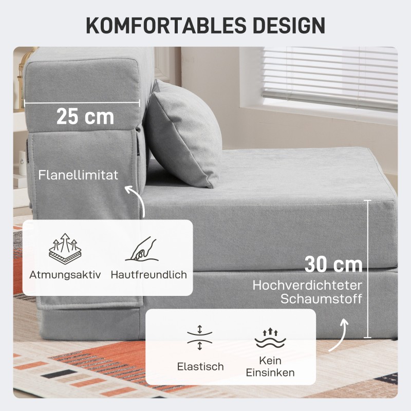 Taitettava lattiasohva / tuolivuode, vaahtomuovi, 210 x 80 cm, vaaleanharmaa, tyynyllä