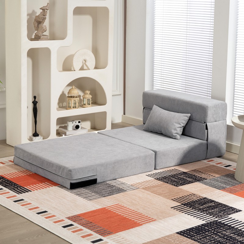 Taitettava lattiasohva / tuolivuode, vaahtomuovi, 210 x 80 cm, vaaleanharmaa, tyynyllä