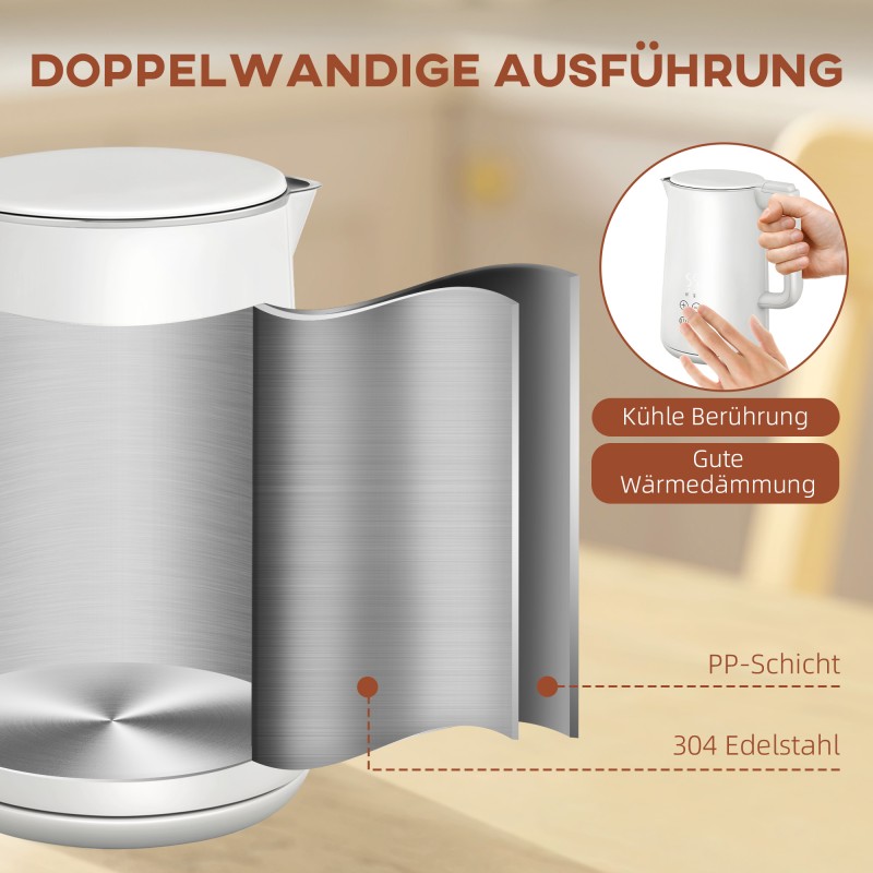 Vedenkeitin ja leivänpaahdin -setti, 1,5 l, 7 lämpötila-/paahtoastetta, ruostumaton teräs ja muovi, valkoinen/hopea