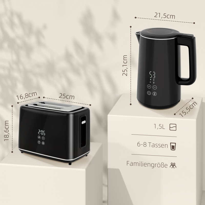 Vedenkeitin ja leivänpaahdin setti, 1,5 l, 7 lämpötila- ja paahtoastetta, teräs/muovi, musta-hopea