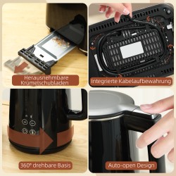 Vedenkeitin ja leivänpaahdin setti, 1,5 l, 7 lämpötila- ja paahtoastetta, teräs/muovi, musta-hopea