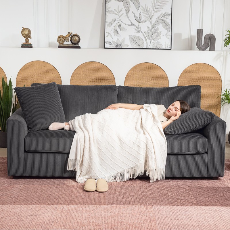 3-istuttava cord-sohva koristetyynyillä, 212 cm, tummanharmaa