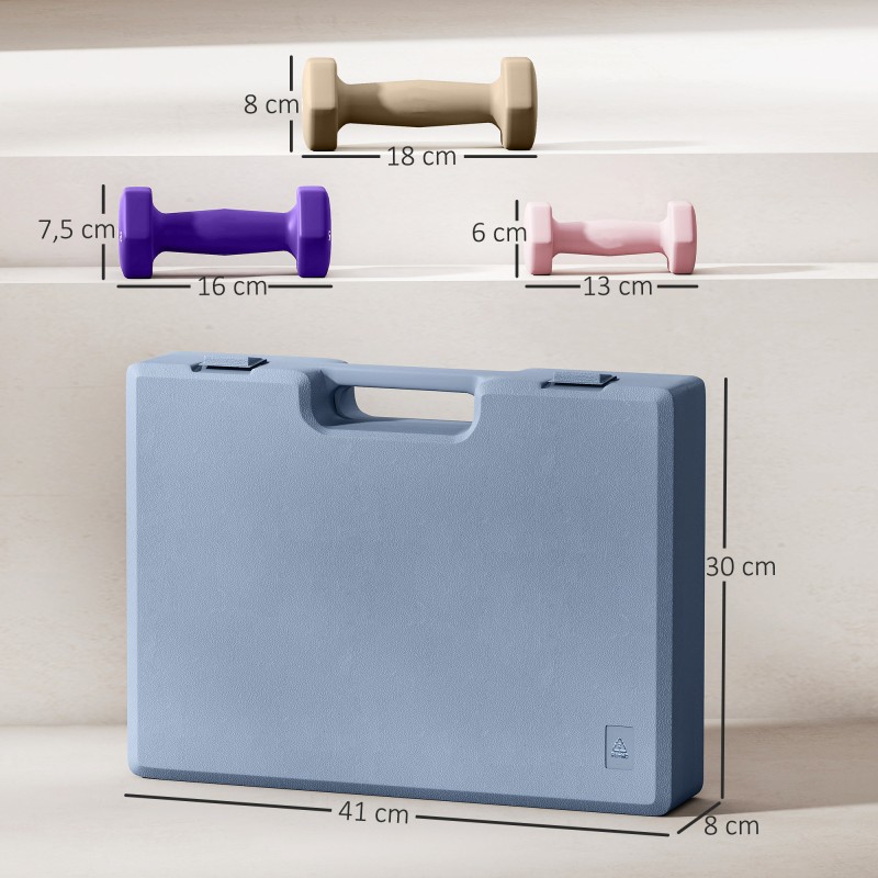 Käsipainosetti terästä 6 kpl (2x1 kg, 2x2 kg, 2x3 kg) kantolaukulla, rosa/violetti/kahvi