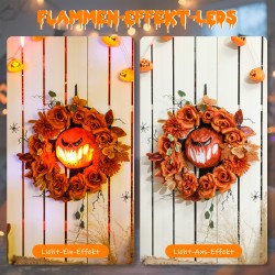 Halloween-kranssi LED-valoilla, kurpitsakoriste, teräs ja polyesteri, oranssi, 44 x 44 cm