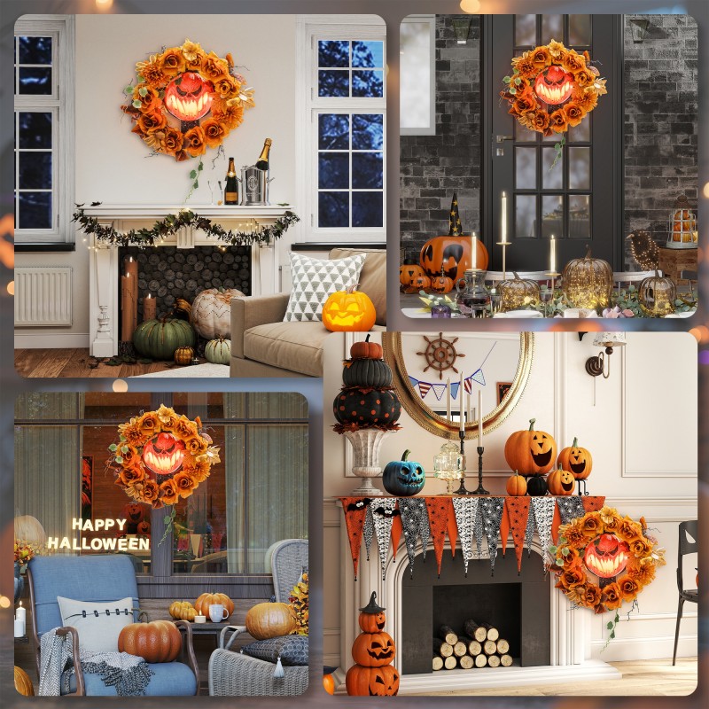 Halloween-kranssi LED-valoilla, kurpitsakoriste, teräs ja polyesteri, oranssi, 44 x 44 cm