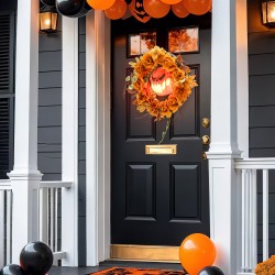 Halloween-kranssi LED-valoilla, kurpitsakoriste, teräs ja polyesteri, oranssi, 44 x 44 cm