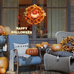 Halloween-kranssi LED-valoilla, kurpitsakoriste, teräs ja polyesteri, oranssi, 44 x 44 cm