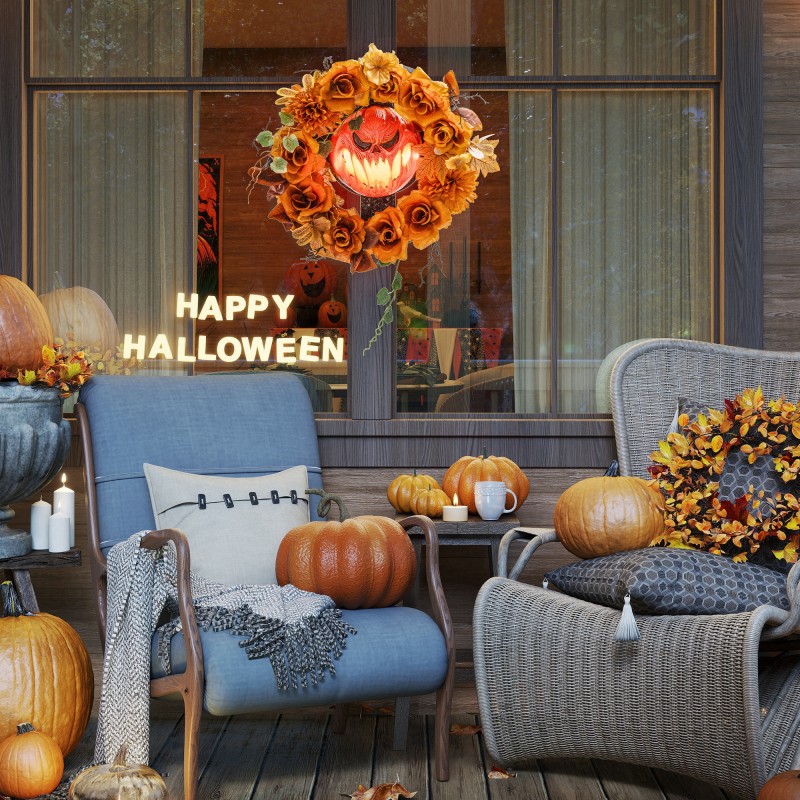 Halloween-kranssi LED-valoilla, kurpitsakoriste, teräs ja polyesteri, oranssi, 44 x 44 cm