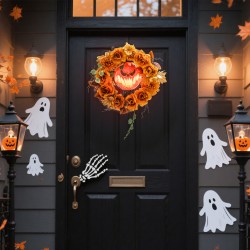 Halloween-kranssi LED-valoilla, kurpitsakoriste, teräs ja polyesteri, oranssi, 44 x 44 cm