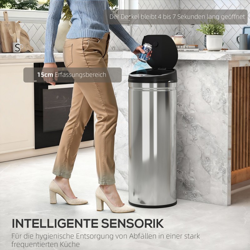 Sensoritoiminen roskis keittiöön 50 l, ruostumaton teräs, soft-close, hopea/musta