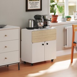 Taittopöytä kaapilla ja pyörillä, lastulevy, 70 x 83 x 75 cm, valkoinen / luonnonpuu