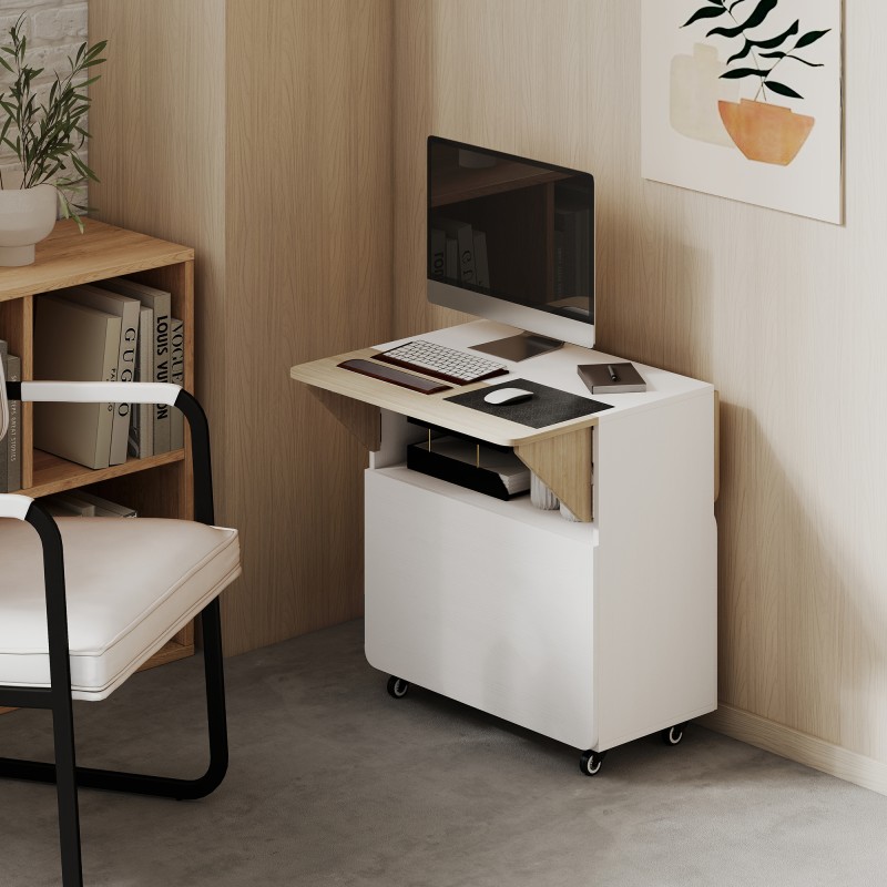 Taittopöytä kaapilla ja pyörillä, lastulevy, 70 x 83 x 75 cm, valkoinen / luonnonpuu