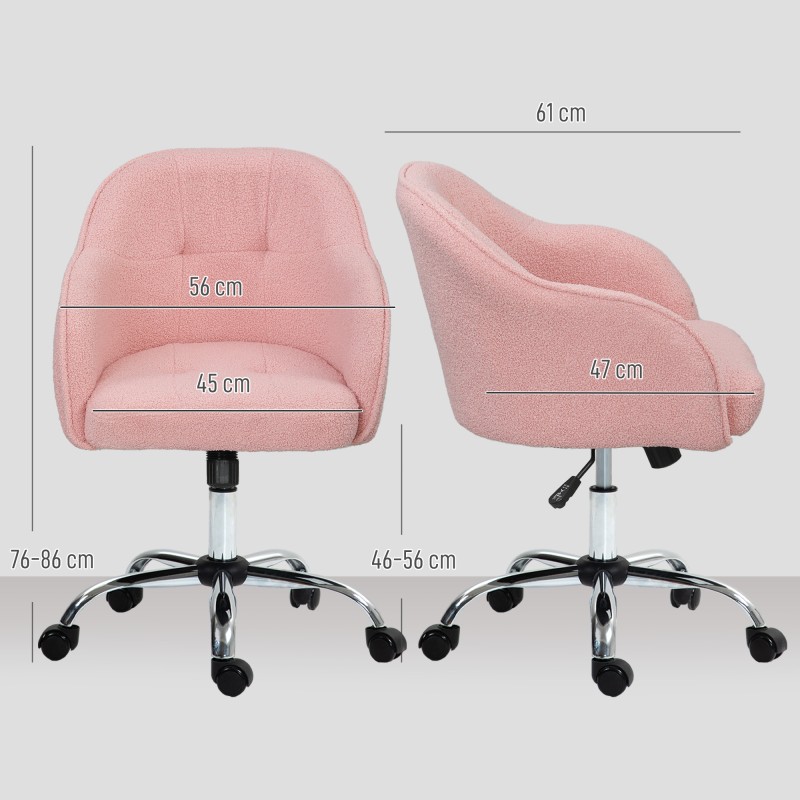 Ergonominen työtuoli kotitoimistoon, teddysamettipinta, säädettävä, 56 x 61 x 76–86 cm, rosa