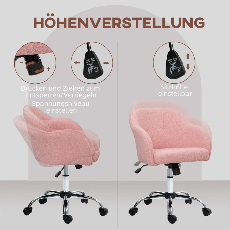 Ergonominen työtuoli kotitoimistoon, teddysamettipinta, säädettävä, 56 x 61 x 76–86 cm, rosa