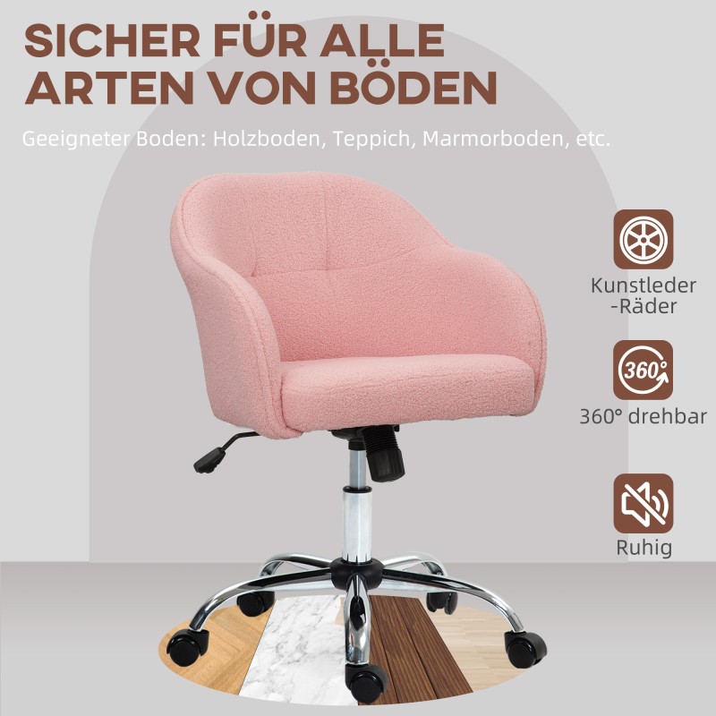 Ergonominen työtuoli kotitoimistoon, teddysamettipinta, säädettävä, 56 x 61 x 76–86 cm, rosa