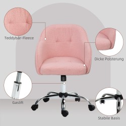Ergonominen työtuoli kotitoimistoon, teddysamettipinta, säädettävä, 56 x 61 x 76–86 cm, rosa