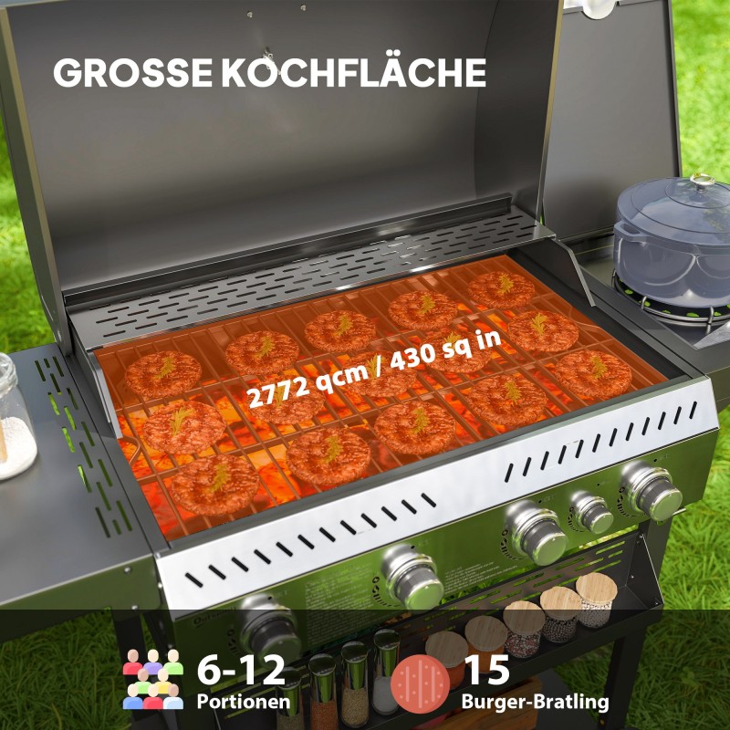 Kaasugrilli ulkokäyttöön, 4 pääpoltinta, sivukeitin, lämminpitotaso, 135 x 55 x 103 cm, musta-hopea