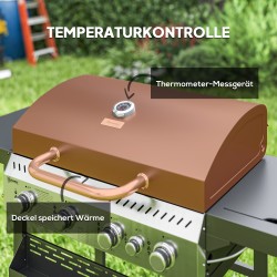 Kaasugrilli ulkokäyttöön, 4 pääpoltinta, sivukeitin, lämminpitotaso, 135 x 55 x 103 cm, musta-hopea