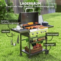 Kaasugrilli ulkokäyttöön, 4 pääpoltinta, sivukeitin, lämminpitotaso, 135 x 55 x 103 cm, musta-hopea