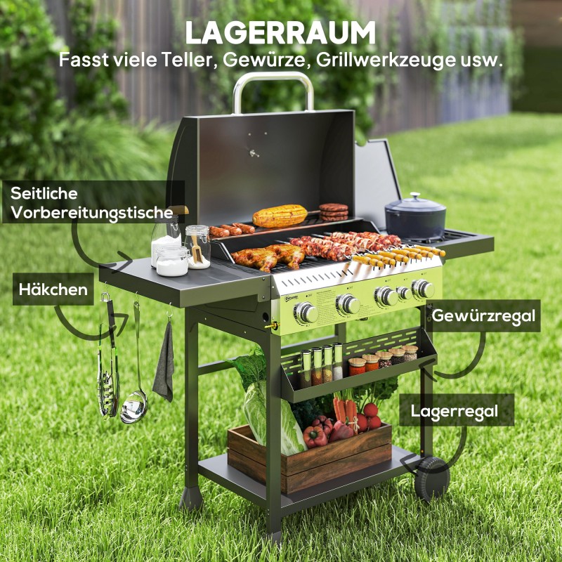 Kaasugrilli ulkokäyttöön, 4 pääpoltinta, sivukeitin, lämminpitotaso, 135 x 55 x 103 cm, musta-hopea