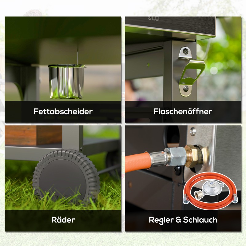 Kaasugrilli ulkokäyttöön, 4 pääpoltinta, sivukeitin, lämminpitotaso, 135 x 55 x 103 cm, musta-hopea