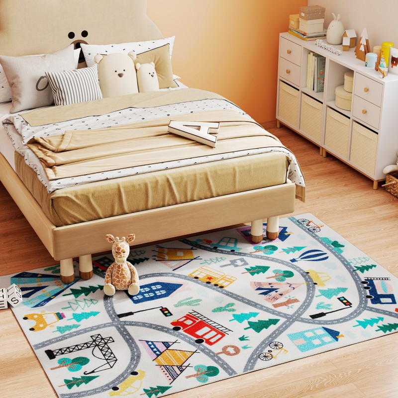 Lasten leikkimatto tiekuviolla, sherpa-fleece, liukuestepohja, 160 x 120 cm, monivärinen