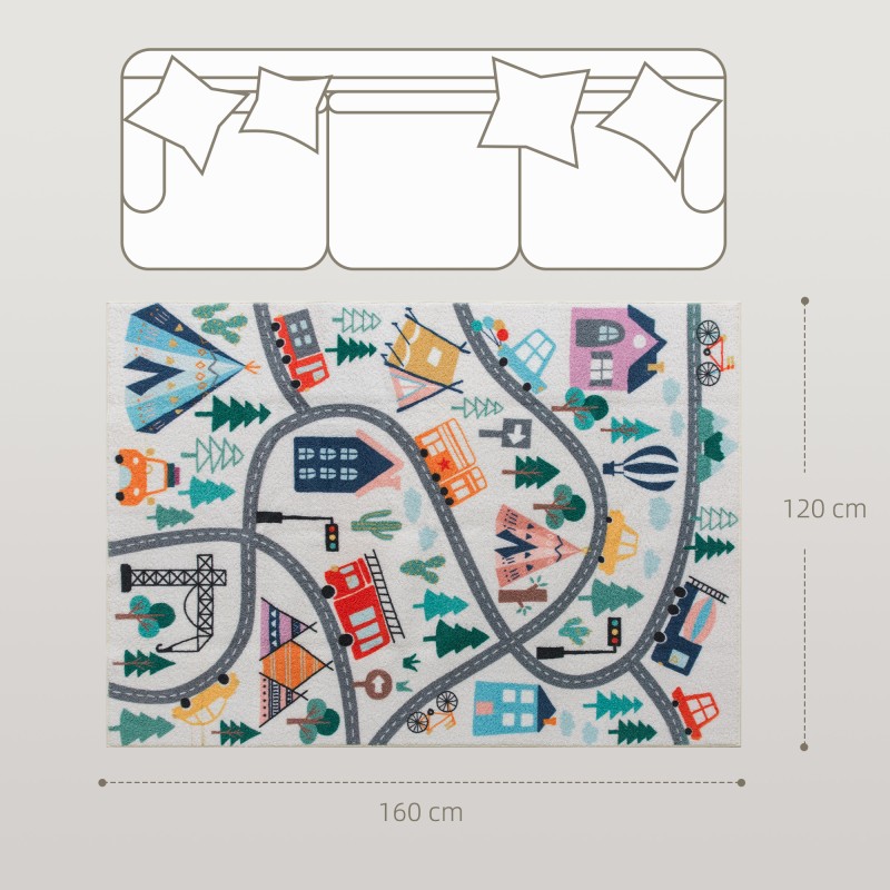 Lasten leikkimatto tiekuviolla, sherpa-fleece, liukuestepohja, 160 x 120 cm, monivärinen