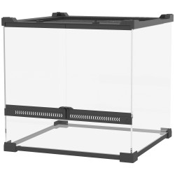 Lasiterraario matelijoille ja sammakkoeläimille 30 x 30 x 30 cm musta vesitiivis korotettu pohja lukittava ovi