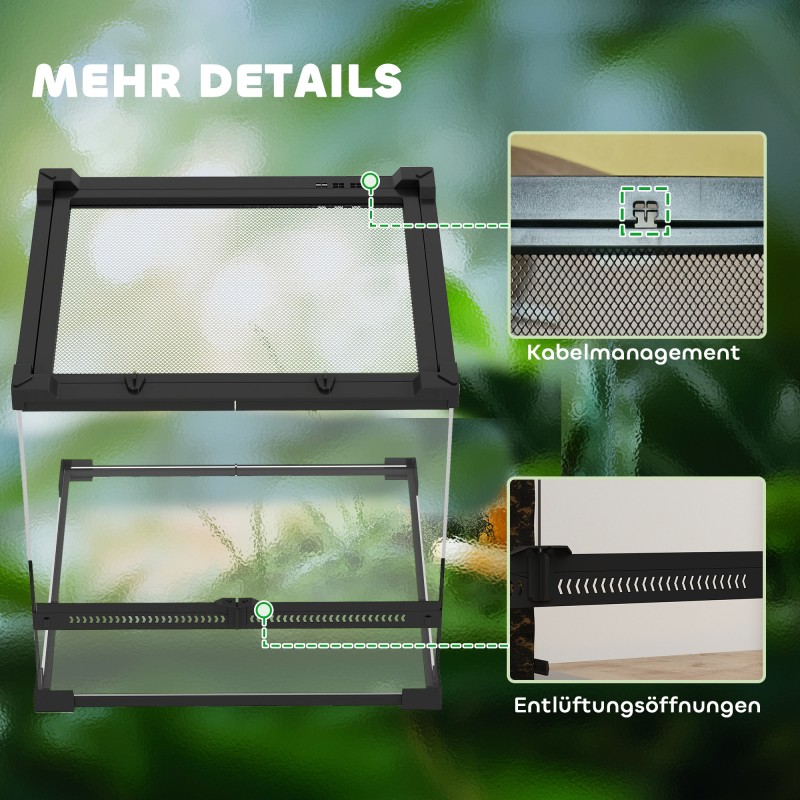 Lasiterraario matelijoille ja sammakkoeläimille 30 x 30 x 30 cm, musta, vesitiivis korotettu pohja, lukittava ovi